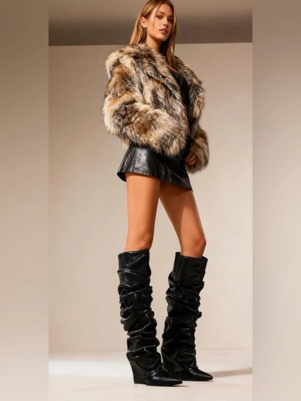 Slouched Ruched Fold Over Covered Wedge Heel Patent Leather Knee High Boots Wide